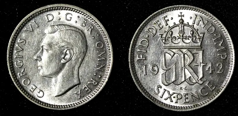 Great Britain George VI Silver 1942 6 Pence WWII Issue KM# 852 (28 465)