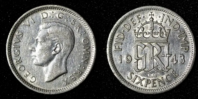 Great Britain George VI Silver 1943 6 Pence WWII Issue KM# 852 (28 467)