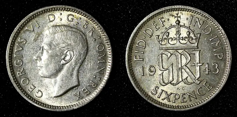 Great Britain George VI Silver 1943 6 Pence WWII Issue KM# 852 (28 468)