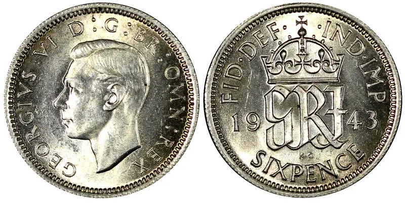 Great Britain George VI Silver 1943 6 Pence WWII Issue Unc KM# 852 (21 100)