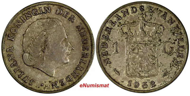 Netherlands Antilles Juliana Silver 1952 1 Gulden 1st Year Type Toned  KM# 2 (1)