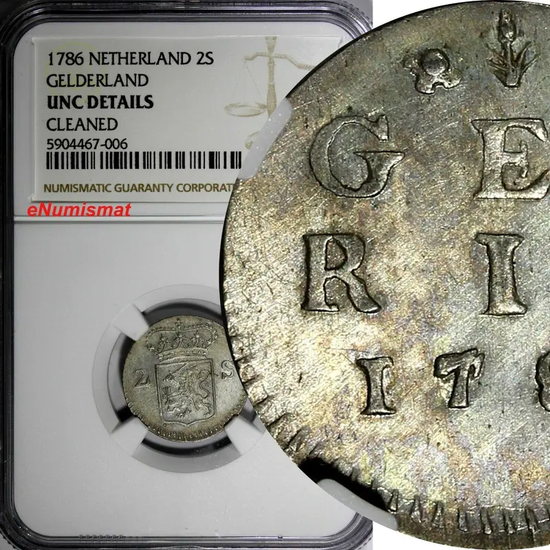 Netherlands GELDERLAND Silver 1786 2 Stuivers NGC UNC DETAILS KM# 107 (006)