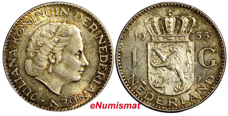 Netherlands Juliana I Silver 1955 1 Gulden 25mm KM# 184