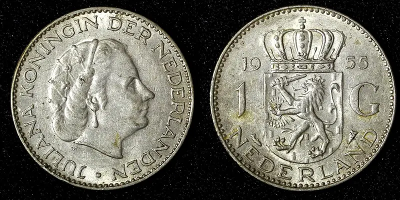 Netherlands Juliana Silver 1955 1 Gulden 25 mm Royal Dutch KM# 184 (27 953)