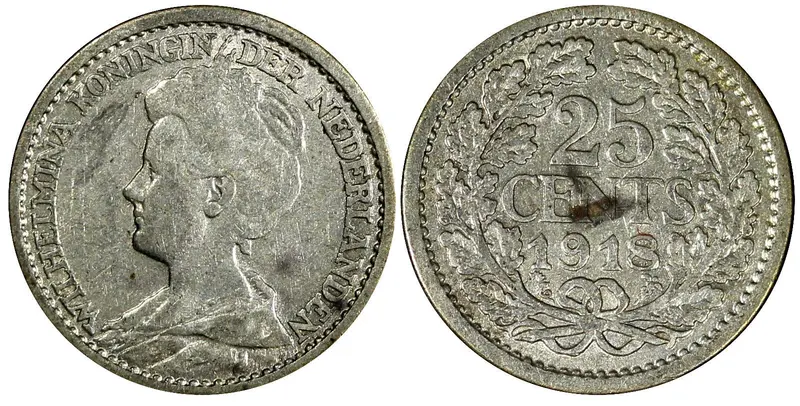 Netherlands Wilhelmina (1890-1948)  Silver 1918 25 Cents KM# 146 (6499)