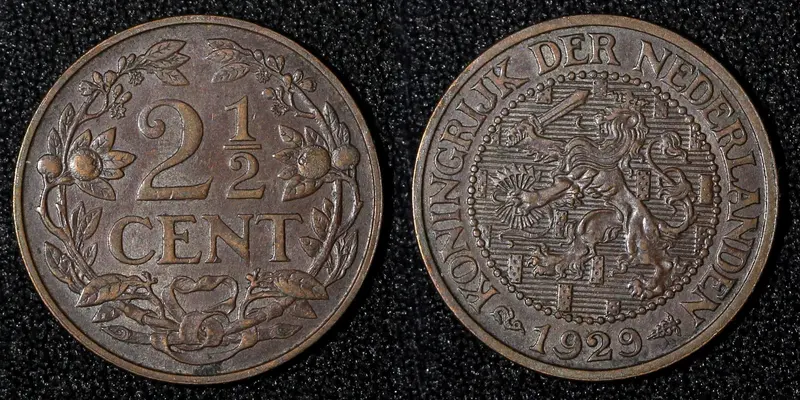 Netherlands Wilhelmina Bronze 1929 2 1/2 Cent KM# 150 (27 986)