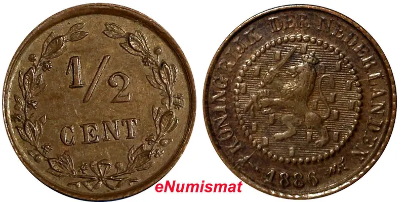 Netherlands Wilhelmina I Bronze 1886 1/2 Cent Key Date KM# 109 (6460)