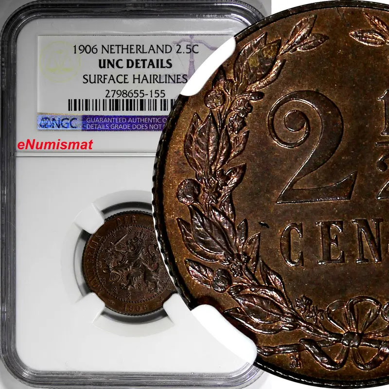 Netherlands Wilhelmina I Bronze 1906 2-1/2 Cent NGC UNC DETAILS KM# 134