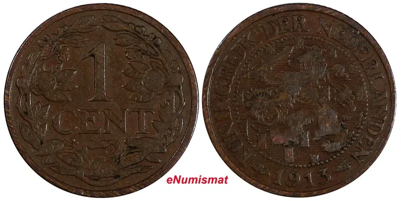 Netherlands Wilhelmina I Bronze 1913 1 Cent 1st Year Type KM# 152 (20 464)