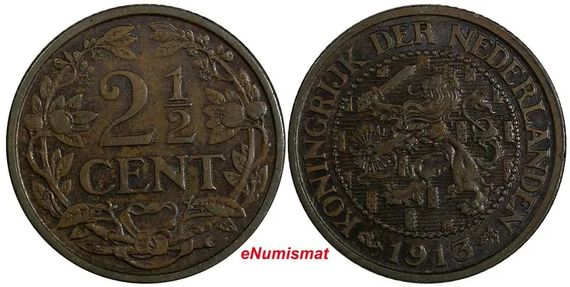 Netherlands Wilhelmina I Bronze 1913 2 1/2 Cent KM# 150 (17 935)