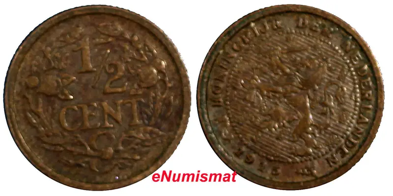 Netherlands Wilhelmina I Bronze 1915 1/2 Cent  KM# 138 (6455)