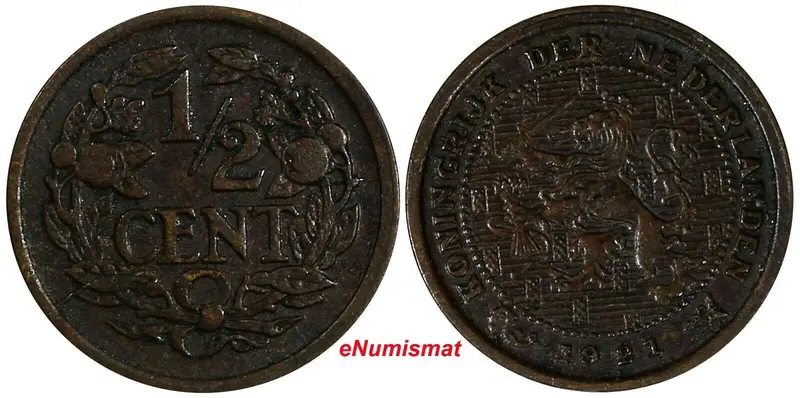 Netherlands Wilhelmina I Bronze 1921 1/2 Cent Better Date KM# 138 (17 930)