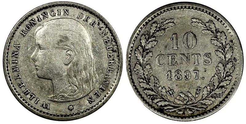 Netherlands Wilhelmina I Silver 1897 10 Cents Last Year for Type KM# 116 ( 602)