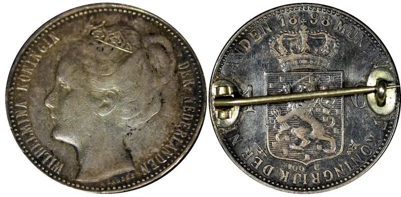 Netherlands Wilhelmina I Silver 1898 1 Gulden Coronation Brooch Pin KM# 122.1(3)