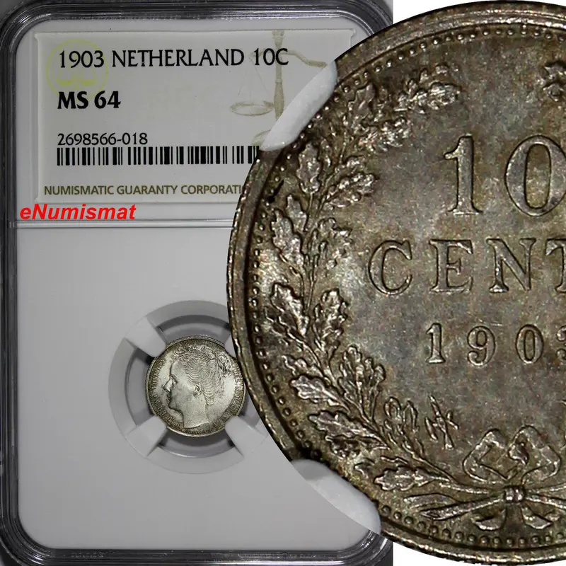 Netherlands Wilhelmina I Silver 1903 10 Cents NGC MS64 1 YEAR TYPE SCARCE KM#135