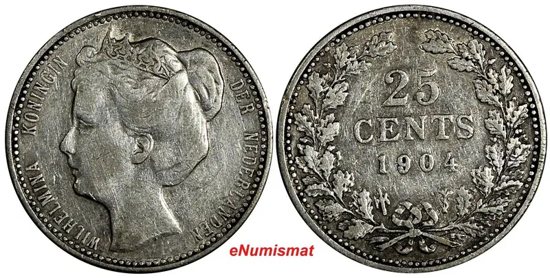 Netherlands Wilhelmina I Silver 1904 25 Cents 19mm KM# 120.2 (13 590)