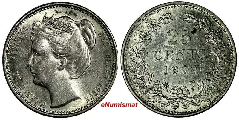 Netherlands Wilhelmina I Silver 1904 25 Cents 19mm XF Condition KM# 120.2