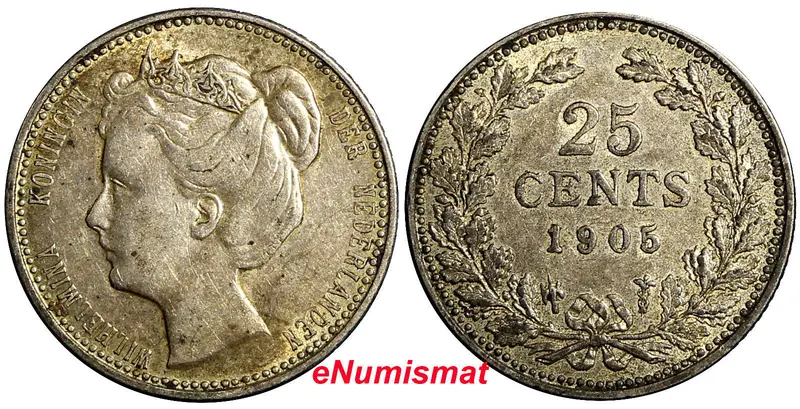 Netherlands Wilhelmina I Silver 1905 25 Cents Better Date Toned 19mm KM# 120.2