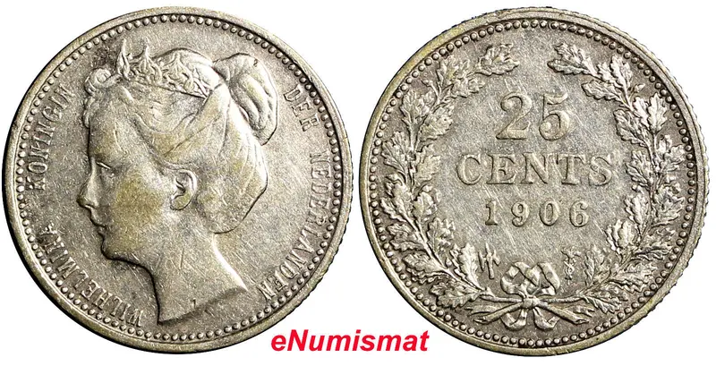 Netherlands Wilhelmina I Silver 1906 25 Cents Last Date Type 19mm KM# 120.2 (07)