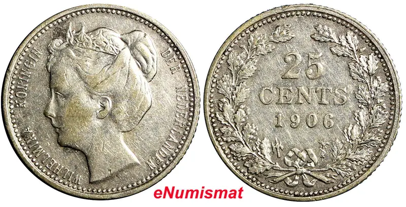 Netherlands Wilhelmina I Silver 1906 25 Cents Last Date Type 19mm KM# 120.2