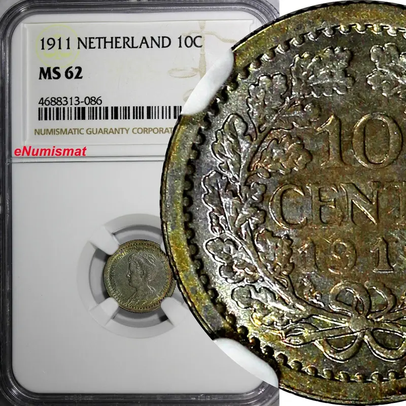 Netherlands Wilhelmina I Silver 1911 10 Cents NGC MS62 RAINBOW TONING KM# 145