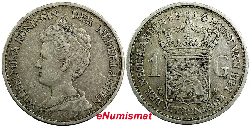 Netherlands Wilhelmina I Silver 1914 1 Gulden 28mm KM# 148