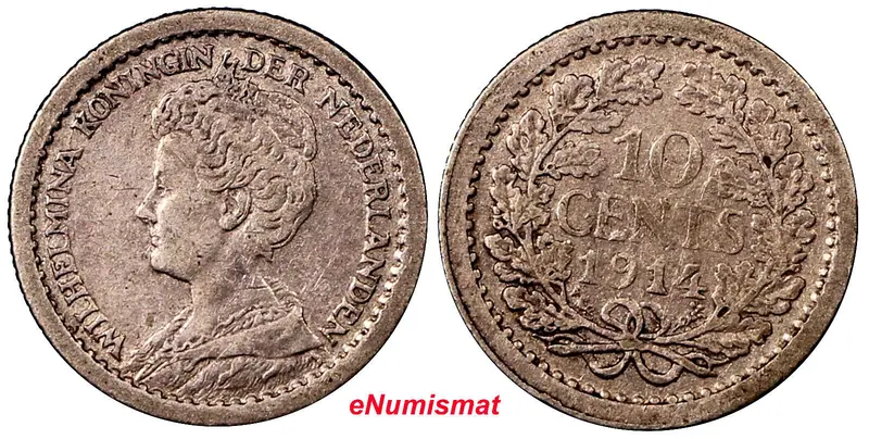 Netherlands Wilhelmina I  Silver 1914 10 Cents XF Toned  KM# 145 (8141)