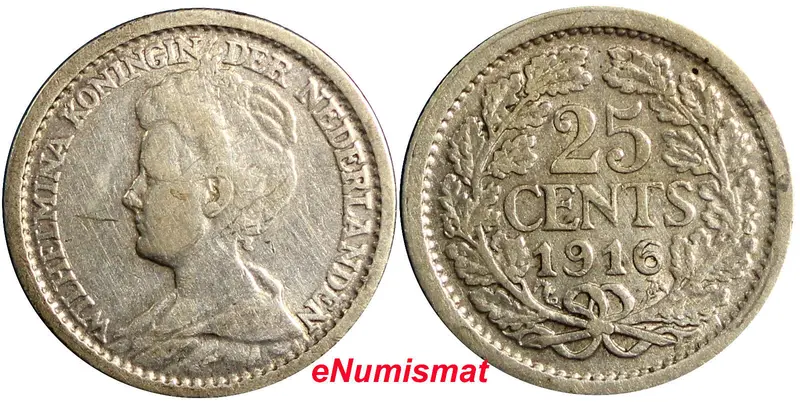 Netherlands Wilhelmina I Silver 1916 25 Cents 19mm KM# 146 (6497)