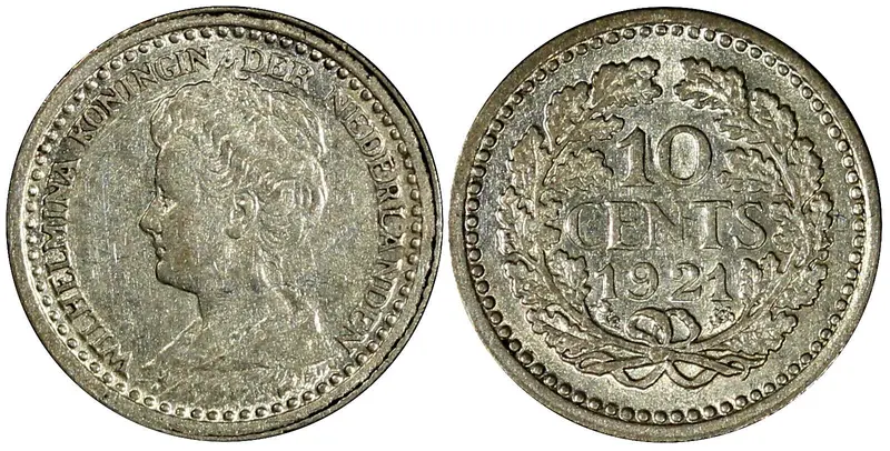 Netherlands Wilhelmina I Silver 1921 10 Cents BETTER DATE KM# 145 (731)