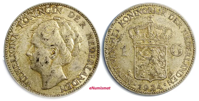 Netherlands Wilhelmina I Silver 1924 Gulden Toned 28mm KM# 161.1