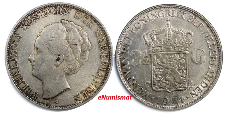 Netherlands Wilhelmina I Silver 1931  2-1/2 Gulden choice VF Condition KM#165