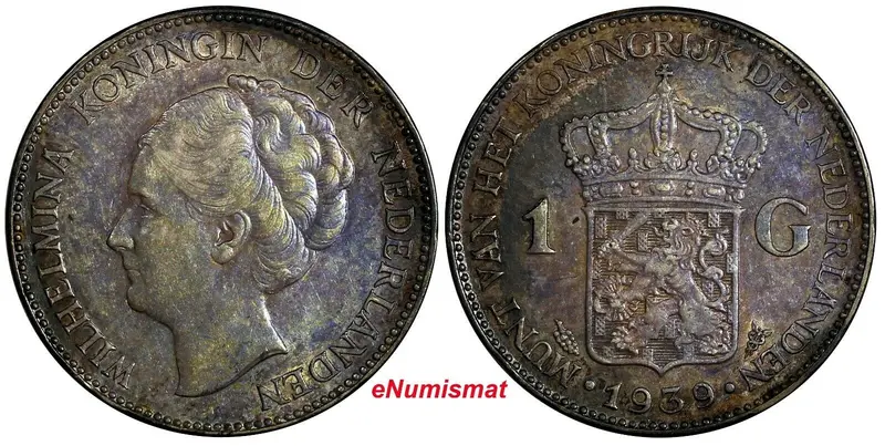Netherlands Wilhelmina I Silver 1939 Gulden aUNC Rainbow Toned KM# 161.1 (786)