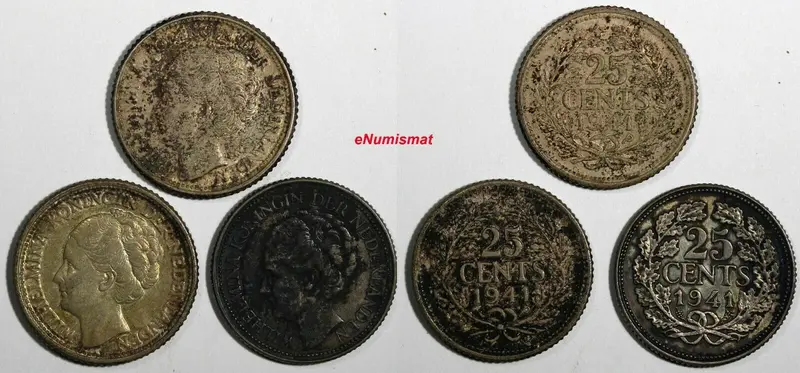 Netherlands Wilhelmina I SILVER LOT OF 3 Coins 1941 25 Cents KM# 164 (18 790)