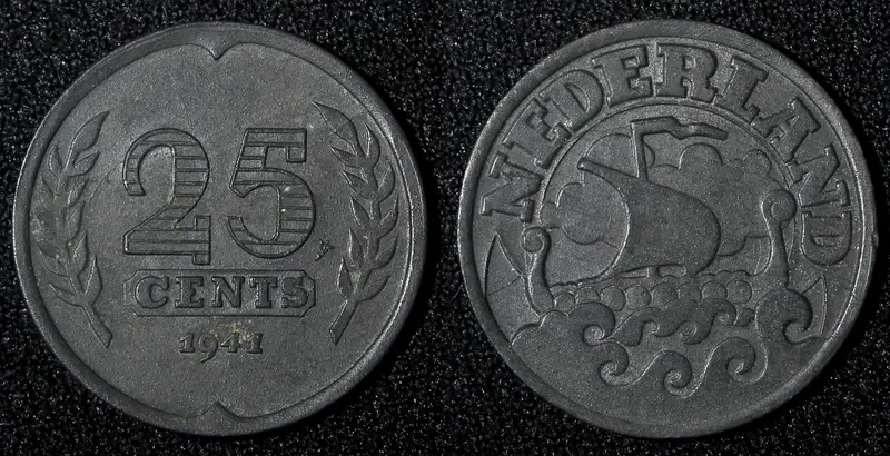 Netherlands Wilhelmina I Zinc 1941 25 Cents WWII Issue BETTER DATE KM# 172 (958)