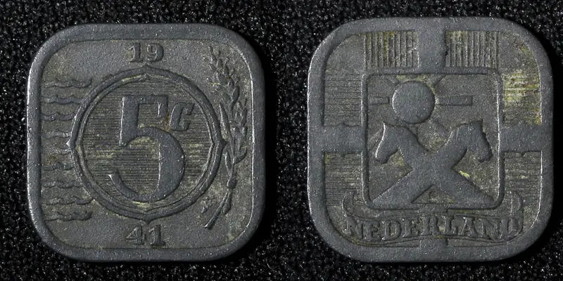 Netherlands Wilhelmina I Zinc 1941 5 Cents WWII Issue KM# 172  (27 954)