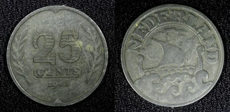 Netherlands Wilhelmina I Zinc 1943 25 Cents WWII Issue BETTER DATE KM# 174 (478)