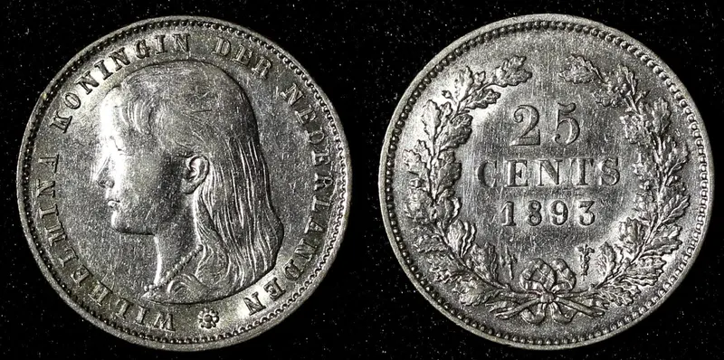 Netherlands Wilhelmina Silver 1893 25 Cents ch.VF SCARCE KM# 115 (28 347)