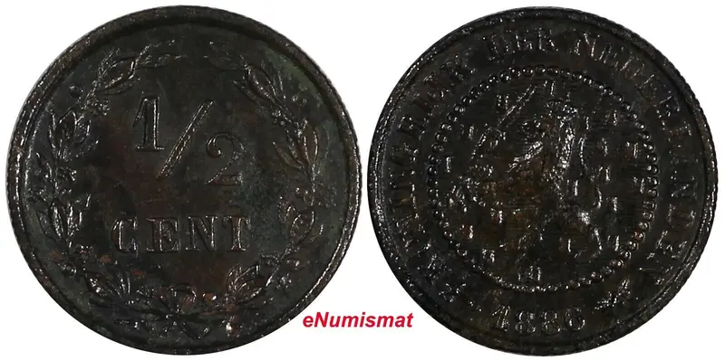 Netherlands William III Bronze 1886 1/2 Cent SCARCE DATE KM# 109.1 (20 462)