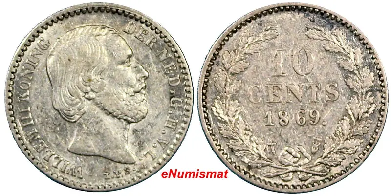 Netherlands William III Silver 1869 Sword 10 Cents Nice Coin KM# 80