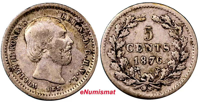 Netherlands William III Silver 1876  Broadaxe 5 Cents Low Mintage-200, KM# 91