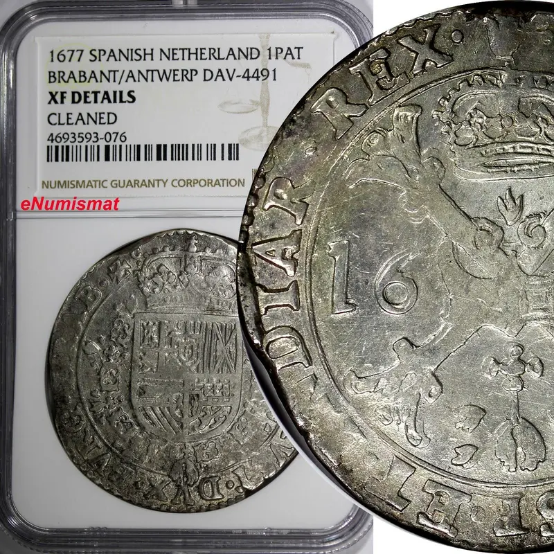 Spanish Netherlands BRABANT/ANTWERP Carlos II 1677 1 Patagon NGC XF DET. KM#81.1