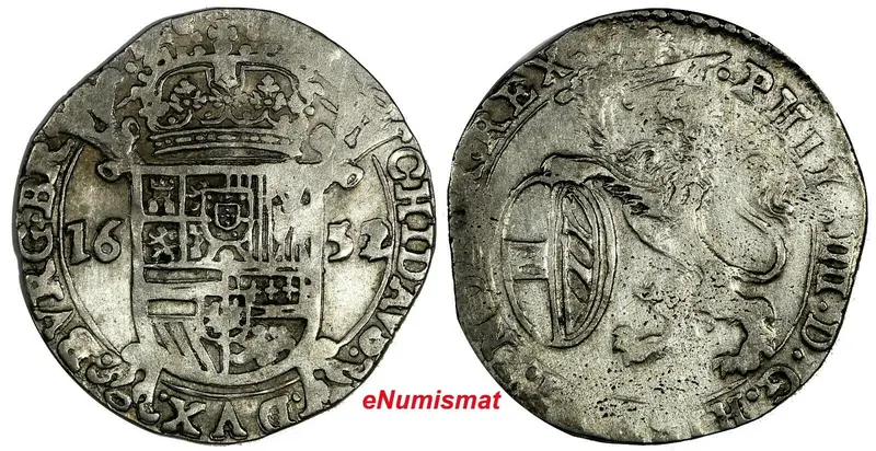 Spanish Netherlands BRABANT Felipe IV Silver 1652  Escalin BETTER DATE KM# 52.1