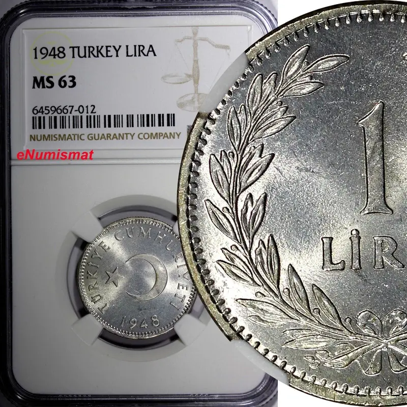 Turkey Silver 1948 1 Lira NGC MS63 Light Toned KM# 883 (012)