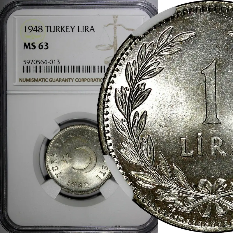 Turkey Silver 1948 1 Lira NGC MS63 Light Toned KM# 883 (013)
