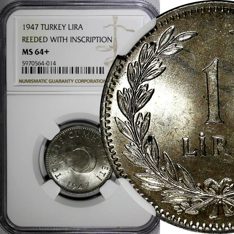 Turkey Silver 1948 1 Lira NGC MS64+ PLUS Reeded Inscript. TOP GRADED KM# 883 (4)