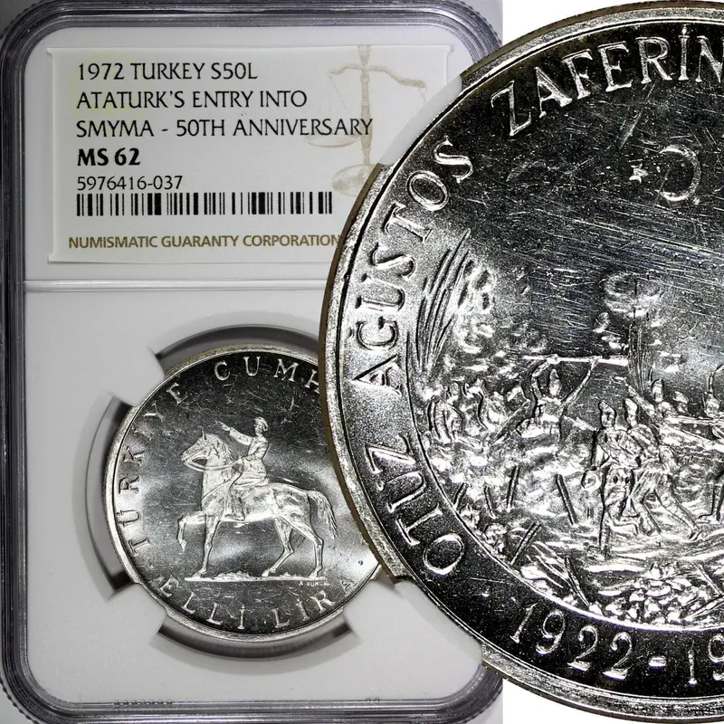 Turkey Silver 1972 50 Lira NGC MS62 Atatürk's Entry into Smyrna KM# 901 (7)