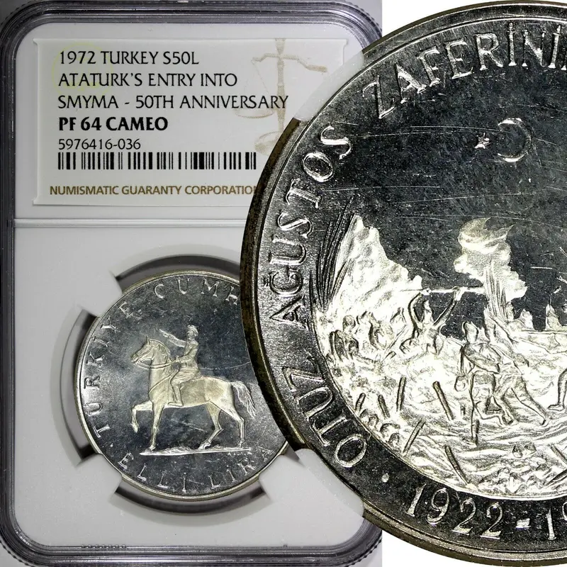 Turkey Silver 1972 50 Lira NGC PF64 CAMEO Atatürk's Entry into Smyrna KM# 901(6)
