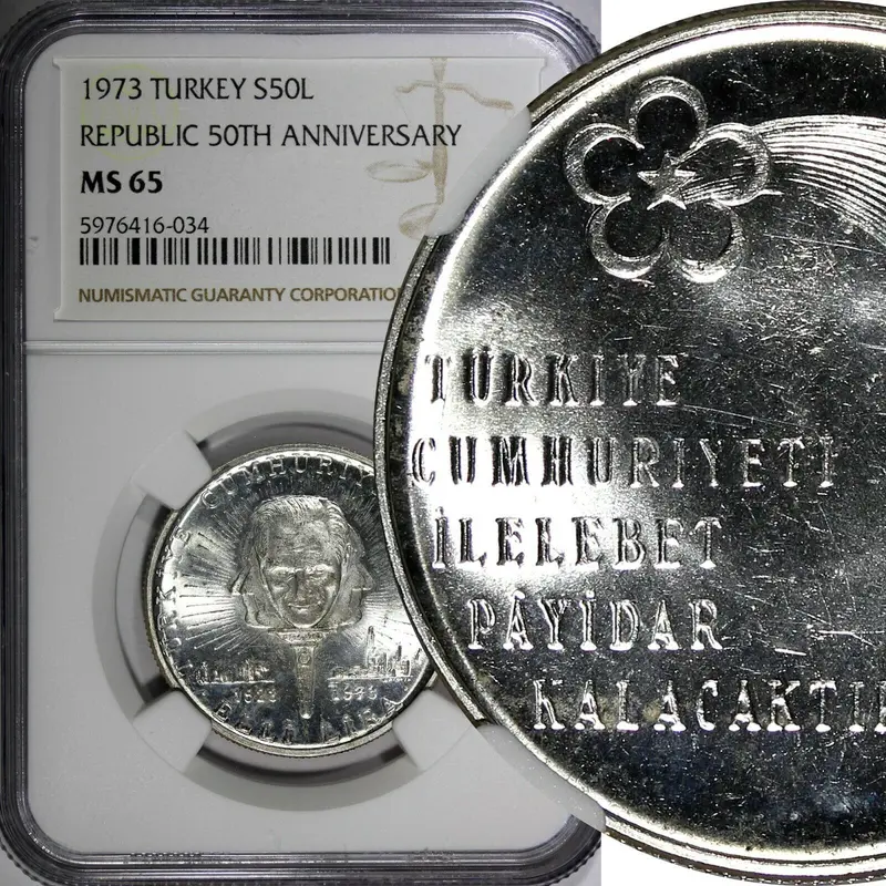Turkey Silver 1973 50 Lira NGC MS65 Republic 50th Anniversary KM# 902 (034)
