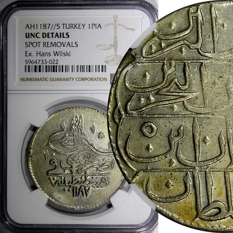 Turkey Silver AH1187//5 (1778) 1  Piastre NGC UNC DETAILS KM# 396 EX. WILSKI