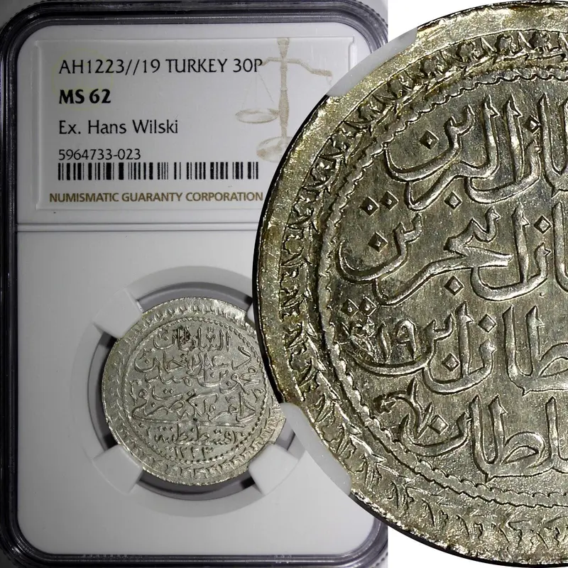 Turkey Silver AH1223//19(1808) 30 Para NGC MS62 SCARCE KM# 579 Ex.Hans Wilski